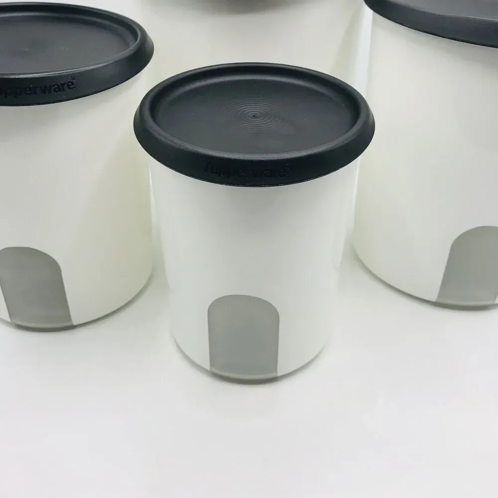 Tupperware One-Touch Reminder 4 Piece Canister Set White W/ Black Lids Tradition